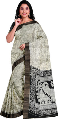OST Printed, Floral Print, Paisley, Woven Madhubani Cotton Silk Saree(White)