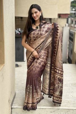 VASTRA VILLA Checkered Bollywood Art Silk Saree(Brown)