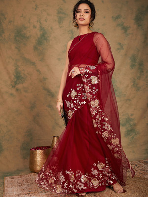 Sangria Embroidered Daily Wear Net Saree(Maroon)