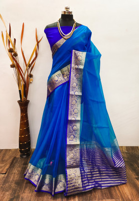 BHOLEBABA CREATION Solid/Plain Bollywood Organza Saree(Dark Blue)