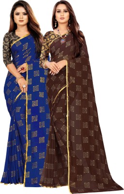 RHEY Printed Bollywood Chiffon Saree(Pack of 2, Dark Blue, Brown)