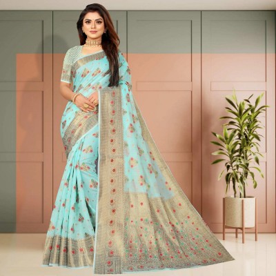 NIYAMI Woven, Printed, Self Design, Floral Print Bollywood Cotton Silk, Jacquard Saree(Light Blue)