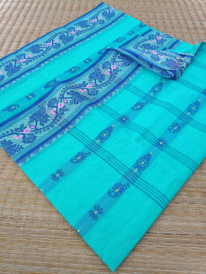 KhayaFashion Woven Tant Pure Cotton Saree(Light Blue)