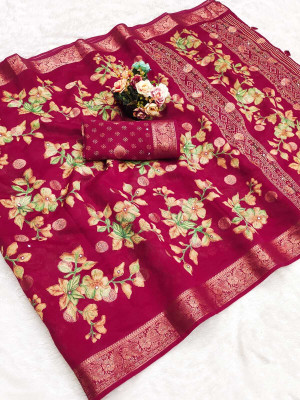 TALADARA Floral Print, Woven, Embellished, Printed Patola Cotton Silk Saree(Pink)