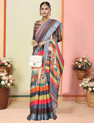 Gajal Printed, Woven Kanjivaram Pure Cotton, Cotton Linen Saree(Orange)