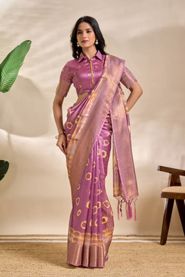 Mirthika Text Printed Assam Silk Silk Blend Saree(Purple)