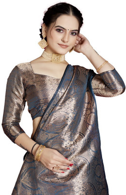 SHRIMAY Blocked Printed Banarasi Organza Saree(Dark Blue)