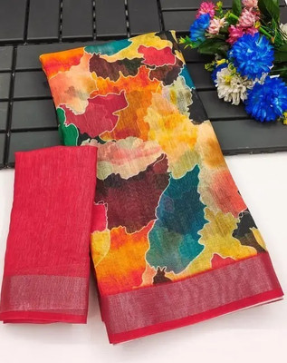VCREATION Digital Print Bollywood Cotton Linen Saree(Multicolor)