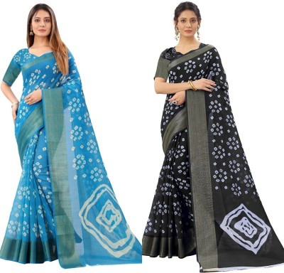 Suntex Printed Bandhani Pure Cotton Saree(Pack of 2, Light Blue, Black)