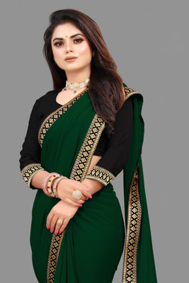 sadika Solid/Plain, Embellished Bollywood Georgette, Chiffon Saree(Green, Black)