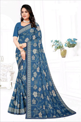 Radharani fusion Floral Print, Printed Daily Wear Georgette Saree(Blue)