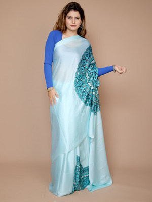 ANOUK Printed Saree with Attached Blouse Satin Saree(Blue)