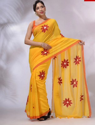sdn Floral Print Tant Handloom Cotton Blend Saree(Yellow)