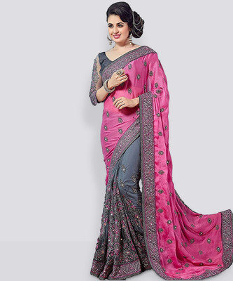 less than three Embellished, Embroidered Bollywood Art Silk, Net Saree(Pink)