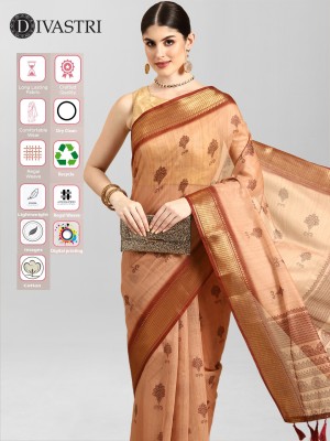 Divastri Digital Print Kalamkari Cotton Blend Saree(Brown)