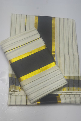 K k selvaam tex Striped Kasavu Pure Cotton Saree(Pack of 2, Gold, Cream, Black, White)