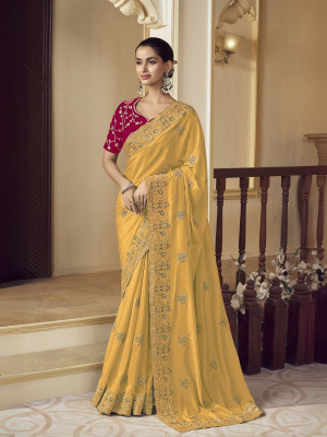 odette Embroidered Saree with Attached Blouse Georgette Saree(Pack of 2, Yellow)