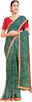 ASTEYAM Printed Bandhani Georgette Saree(Green)