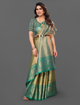 Fashion Club Collection Self Design Kanjivaram Pure Silk Saree(Cream, Green)