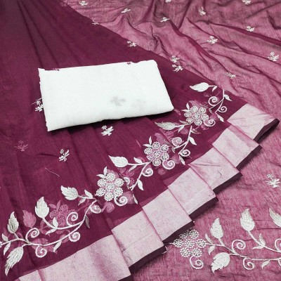 Vleez Embroidered Bollywood Chanderi, Cotton Silk Saree(Purple)