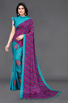 SARETRA MALL Striped Leheria Pure Silk Saree(Purple, Light Blue)