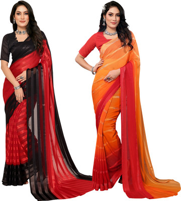 Moda Rapido Self Design, Striped, Ombre Bollywood Satin Saree(Pack of 2, Red, Black)