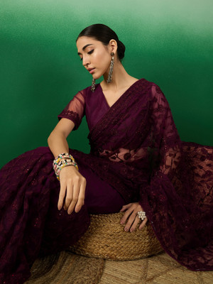 Sangria Embroidered Kalamkari Net Saree(Magenta)