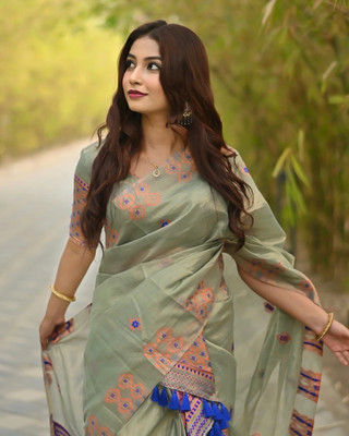 S P CREATION Woven Mekhela Chador Silk Blend Saree(Light Green)
