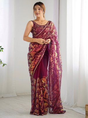 Sangria Embellished Bollywood Net Saree(Magenta)