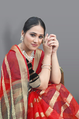 Aarunika SST Solid/Plain Bollywood Organza Saree(Red)