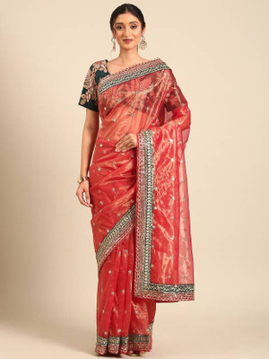 Verviza Embroidered Bollywood Net Saree(Red)
