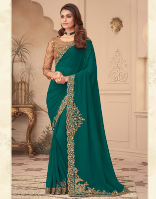 Samah Embroidered, Embellished, Dyed, Self Design Bollywood Georgette Saree(Green, Brown)