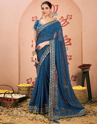 Samah Embellished, Embroidered, Printed Bandhani Chiffon, Lace Saree(Blue)