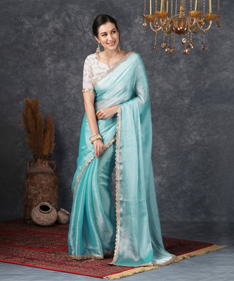 Satrani Dyed, Embellished Bollywood Jimmy choo, Chiffon Saree(Light Blue)