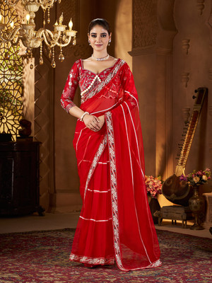 Divastri Embroidered Bollywood Net Saree(Red)