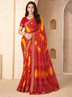 Sangria Printed Bandhani Chiffon Saree(Red, Yellow)