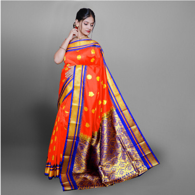 HouseOfCommon Printed Paithani Art Silk Saree(Orange, Blue)