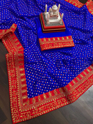 Qwarty Polka Print, Self Design Bandhani Georgette Saree(Dark Blue)