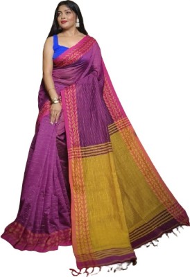 kalpana handloom Solid/Plain, Striped, Woven Handloom Cotton Silk Saree(Pink)