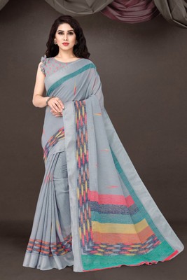 MIRCHI FASHION Printed, Solid/Plain Ikkat Cotton Blend Saree(Grey, Multicolor)