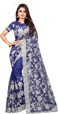 YARA CREATION Embroidered Bollywood Net Saree(Dark Blue)