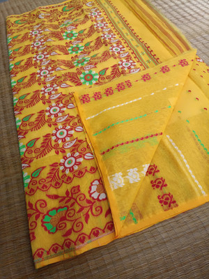 KhayaFashion Woven Tant Pure Cotton Saree(Yellow)
