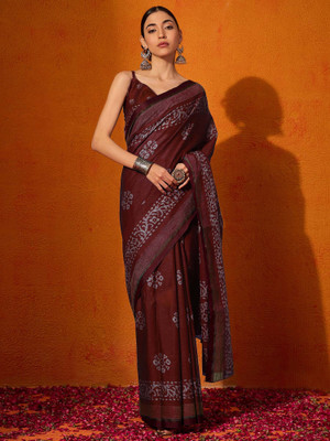 ANOUK Printed Daily Wear Cotton Blend Saree(Maroon)