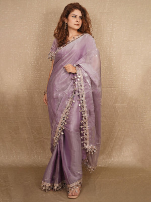 ANOUK Embellished Saree with Attached Blouse Organza Saree(Purple)