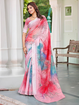 Anouk Rustic Digital Print Chinnalapattu Cotton Linen Saree(Pink)