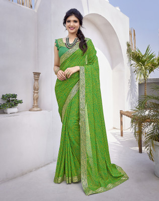 Divastri Printed Bollywood Georgette, Lace Saree(Green)