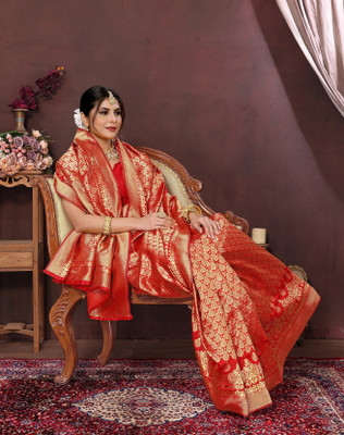 YASHIKA Printed Kanjivaram Cotton Silk, Jacquard Saree(Red)
