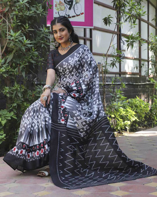 baratheon Printed Bollywood Cotton Blend Saree(Grey, Black, White)