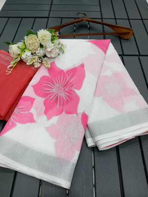 Mervadiya Self Design Bollywood Cotton Linen, Linen Saree(White, Pink)