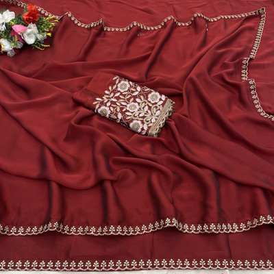 saanvi Self Design Bollywood Silk Blend Saree(Maroon)